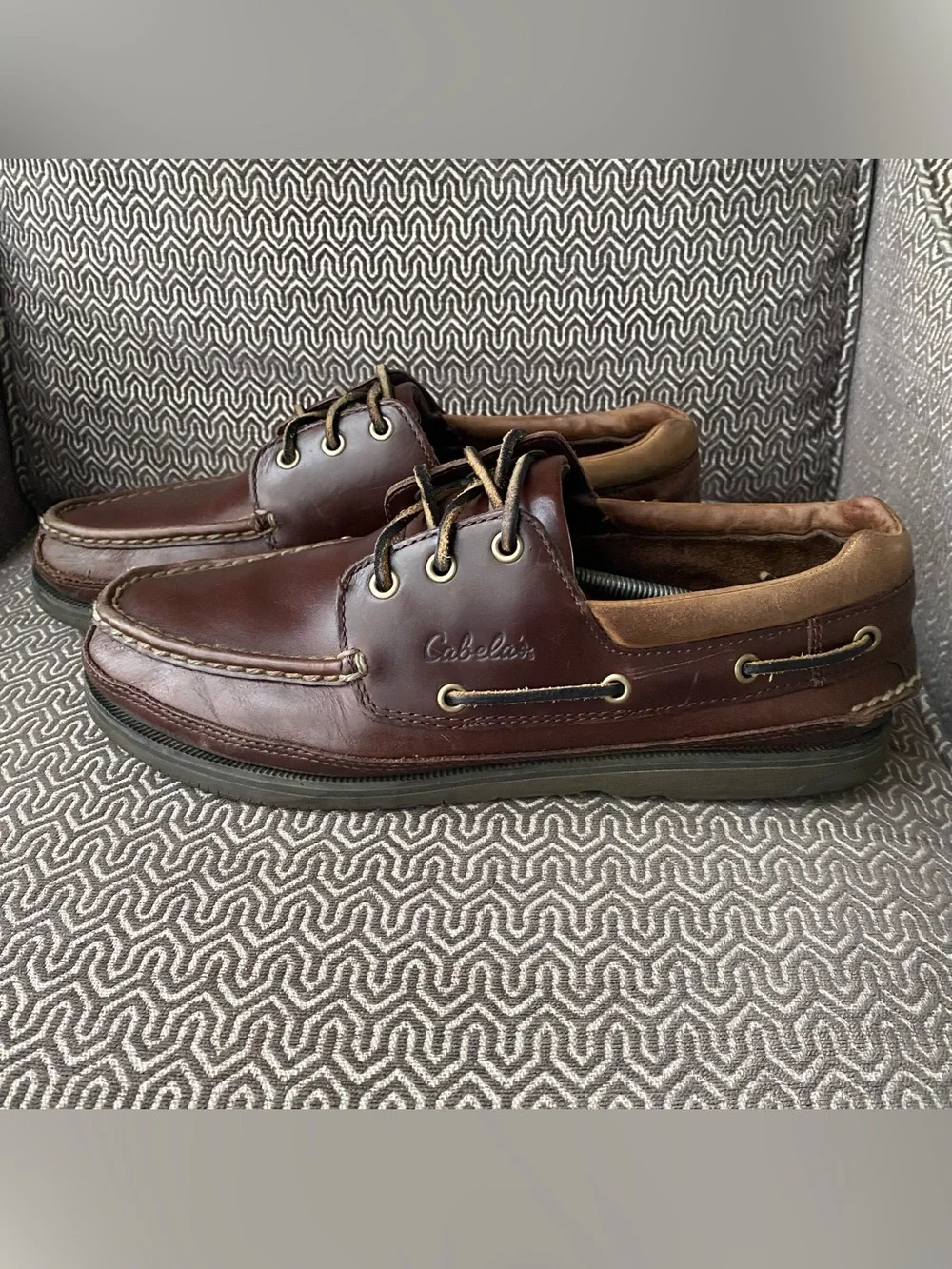 Cabelas Leather Boat Shoes Brown Moc Toe Lace Up Mens 11 Vibram Outsole Topsider
